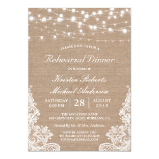 Rustic String Lights Lace Wedding Rehearsal Dinner Invitation
