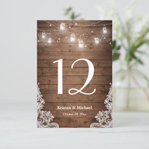 Rustic String Lights Lace Wedding Table Number