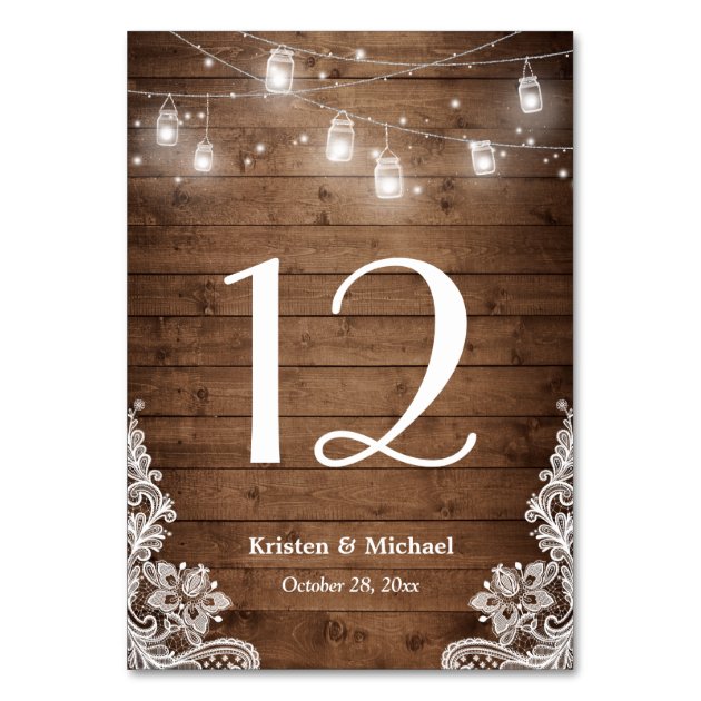 Rustic String Lights Lace Wedding Table Number Card
