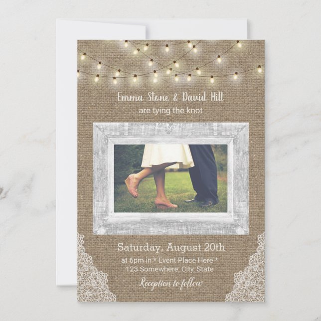 Rustic String Lights Laced Burlap Wedding Photo Invitation (Front)