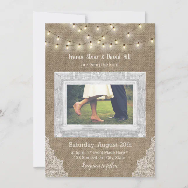 Rustic String Lights Laced Burlap Wedding Photo Invitation | Zazzle