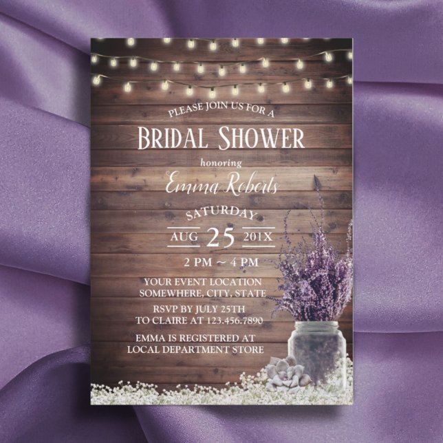 Rustic String Lights Lavender Floral Bridal Shower Invitation