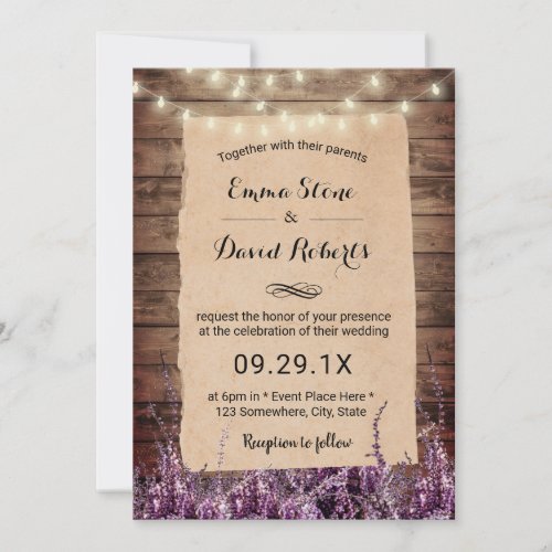 Rustic String Lights Lavender Floral Wedding Invitation