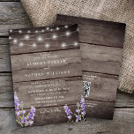 Rustic String Lights Lavender QR Code Wedding Invitation<br><div class="desc">Rustic wood print with lavender and white string lights wedding invitation with QR code in the back to RSVP.</div>