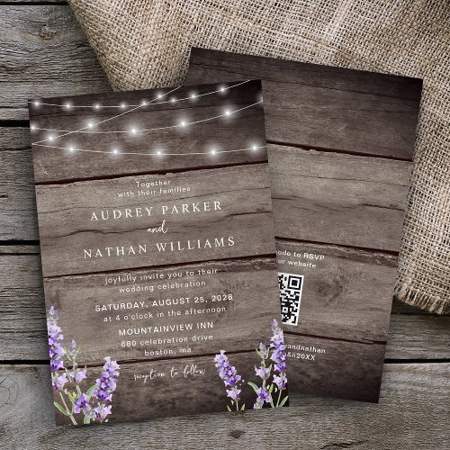 Rustic String Lights Lavender QR Code Wedding Invitation