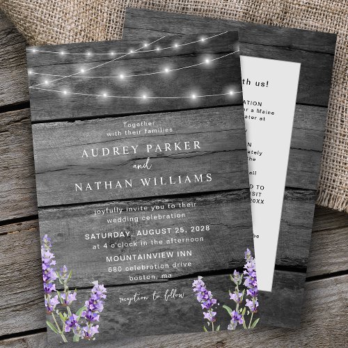Rustic String Lights Lavender with Details Wedding Invitation