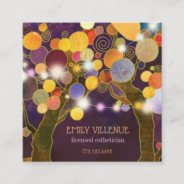 Rustic String Lights Love Trees Esthetician Square Business Card (Front)