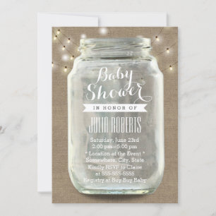 Rustic String Lights Mason Jar Burlap Baby Shower Invitation