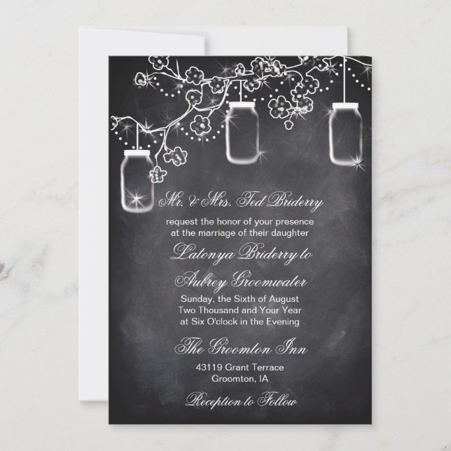 Rustic String Lights Mason Jar Chalkboard Wedding Invitation (Front)