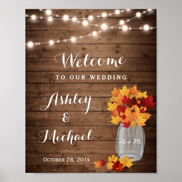Rustic String Lights Mason Jar Fall Wedding Sign Poster