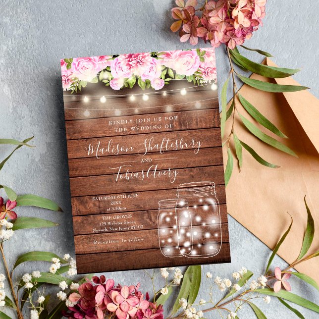 Rustic String Lights Mason Jar Floral Wedding Invitation (Creator Uploaded)