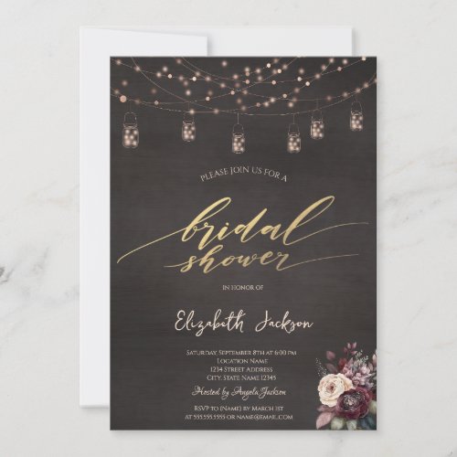 Rustic String Lights Mason Jar Rose Bridal Shower  Invitation