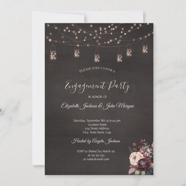 Rustic String Lights Mason Jar Roses Engagement  Invitation (Front)