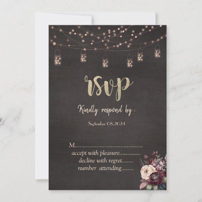 Rustic String Lights Mason Jar Roses RSVP   Invitation (Front)