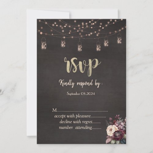 Rustic String Lights Mason Jar Roses RSVP   Invitation