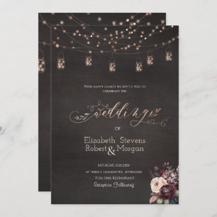 Rustic String Lights Mason Jar Roses Wedding Invitation