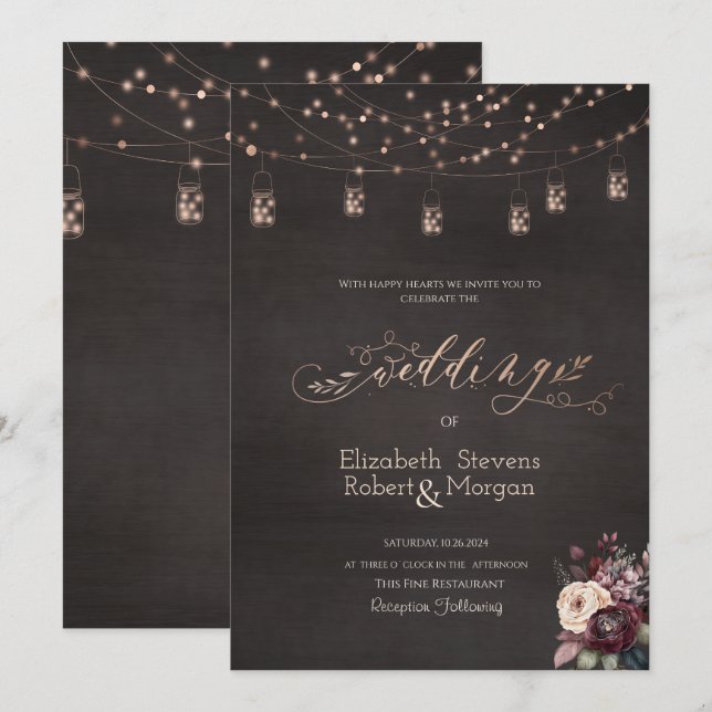 Rustic String Lights Mason Jar Roses Wedding  Invitation (Front/Back)