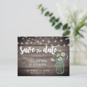 Rustic String Lights Mason Jar Save The Date Announcement Postcard (Standing Front)