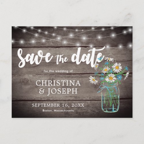 Rustic String Lights Mason Jar Save The Date Announcement Postcard