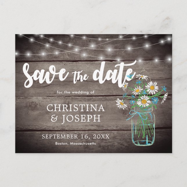 Rustic String Lights Mason Jar Save The Date Announcement Postcard (Front)