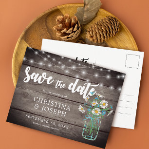 Rustic String Lights Mason Jar Save The Date Announcement Postcard
