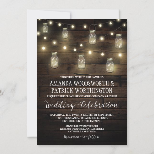 Rustic String Lights Mason Jar Wedding Invitations (Front)