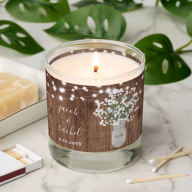Rustic String Lights Mason Jar Wedding Scented Candle (Lit)