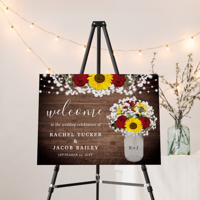 Rustic String Lights Mason Jar Welcome Wedding Foa Foam Board (In Situ (Stand))