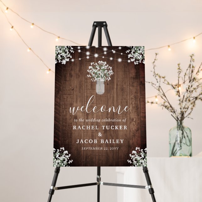 Rustic String Lights Mason Jar Welcome Wedding Foam Board (In Situ (Stand))