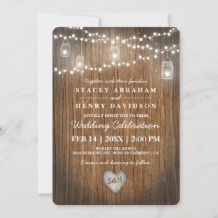 Rustic String Lights Mason Jar Wood Barn Wedding Invitation