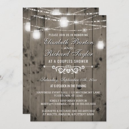 Rustic String Lights Mason Jars Couples Shower Invitation