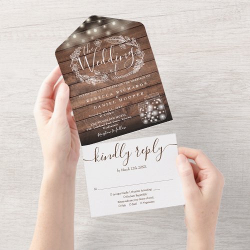 Rustic String Lights Mason Jars Floral Wedding All In One Invitation