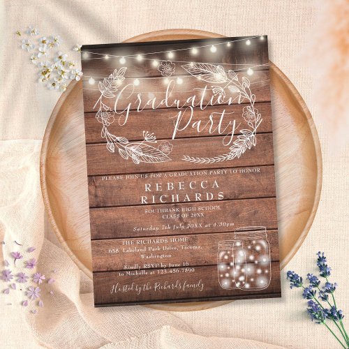 Rustic String Lights Mason Jars Graduation Party Invitation