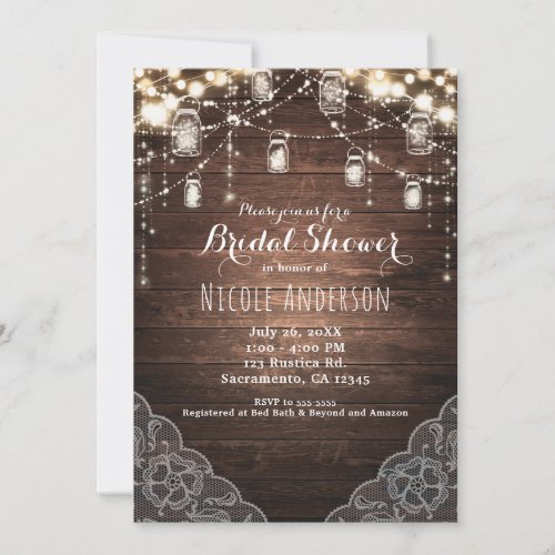 Rustic String Lights Mason Jars Lace Country Glam Invitation