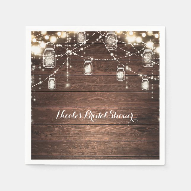 Rustic String Lights Mason Jars Lace Country Glam Paper Napkins (Front)