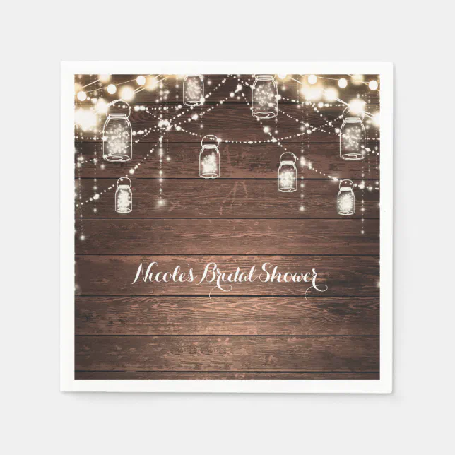 Rustic String Lights Mason Jars Lace Country Glam Paper Napkins | Zazzle