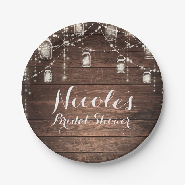 Rustic String Lights Mason Jars Lace Country Glam Paper Plates (Front)