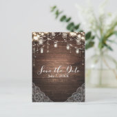 Rustic String Lights Mason Jars Lace Save the Date Announcement Postcard (Standing Front)