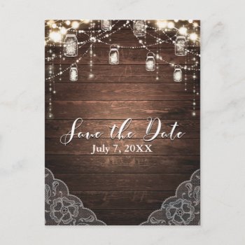 Rustic String Lights Mason Jars Lace Save The Date Announcement Postcard by printabledigidesigns at Zazzle