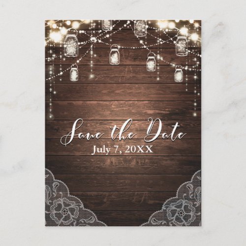 Rustic String Lights Mason Jars Lace Save the Date Announcement Postcard