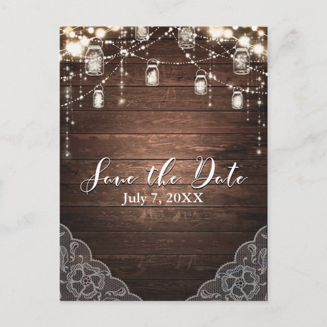 Rustic String Lights Mason Jars Lace Save the Date Announcement Postcard (Front)