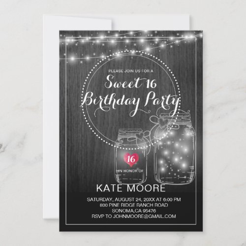 Rustic String lights Mason Jars Sweet 16 Birthday Invitation