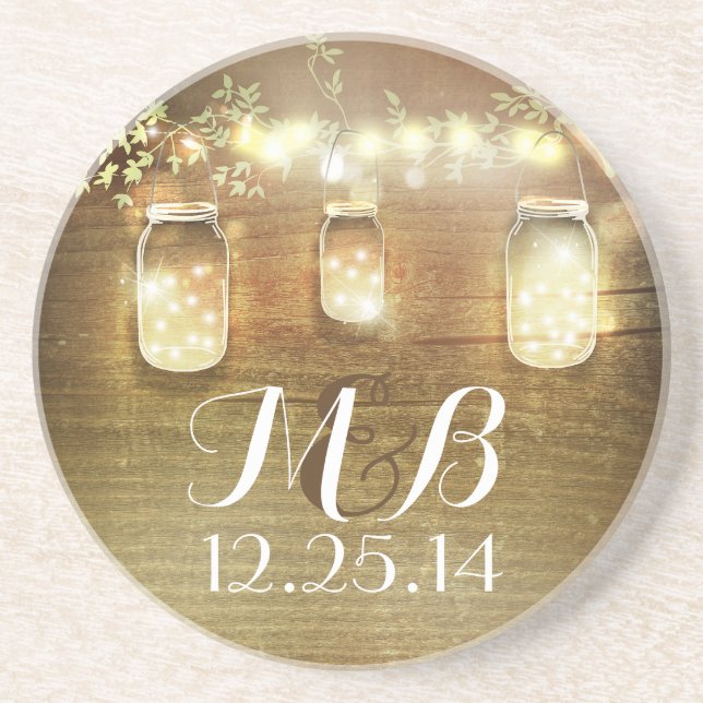 Rustic String Lights Mason Jars Wedding Sandstone Coaster (Front)