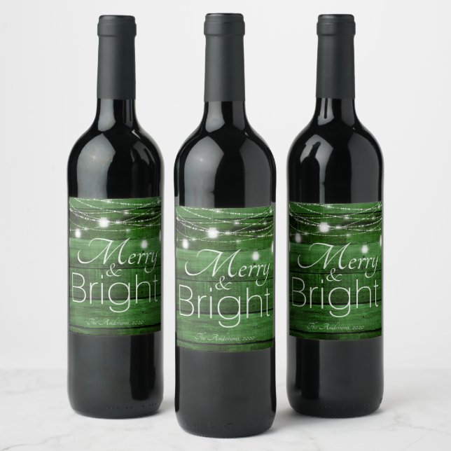 Rustic String Lights Merry & Bright Wine Label (Bottles)