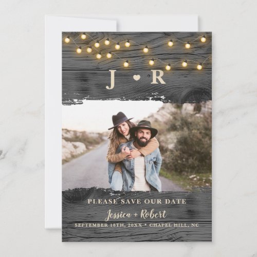 Rustic String Lights Monogram Photo Save The Date Invitation