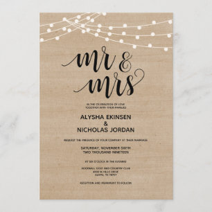 Rustic string lights Mr and Mrs Wedding Invitation