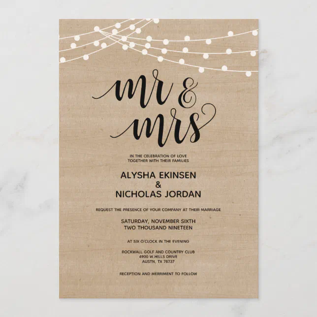 Rustic string lights Mr and Mrs Wedding Invitation | Zazzle