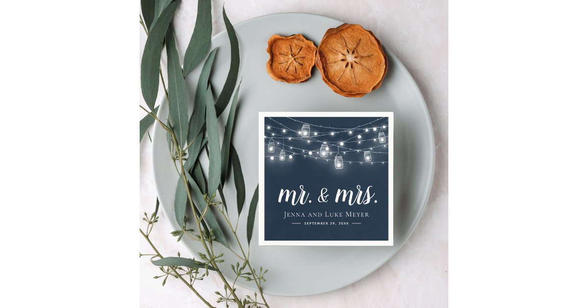 Rustic String Lights Mr. and Mrs. Wedding Monogram Napkins | Zazzle