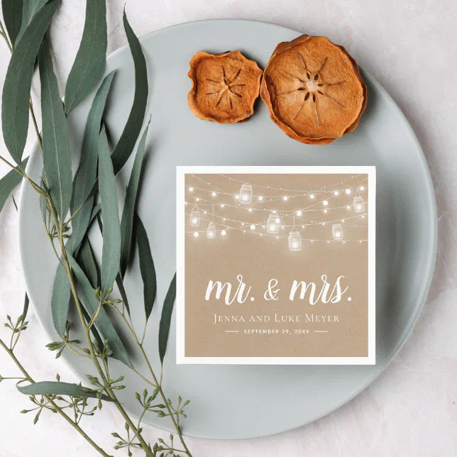 Rustic String Lights Mr. and Mrs. Wedding Monogram Napkins | Zazzle