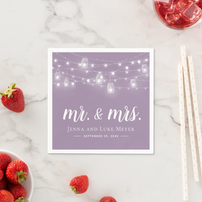 Rustic String Lights Mr. and Mrs. Wedding Monogram Napkins (Insitu)